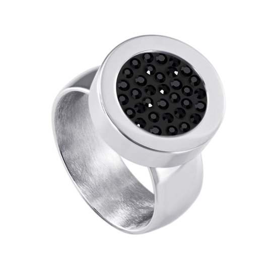 Quiges RVS Schroefsysteem Ring Zilverkleurig Glans 20mm met Verwisselbare Zirkonia Zwart 12mm Mini Munt