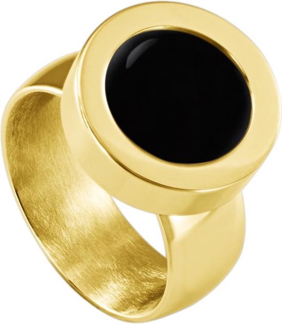 Quiges RVS Schroefsysteem Ring Goudkleurig Glans 17mm met Verwisselbare Agaat Zwart 12mm Mini Munt