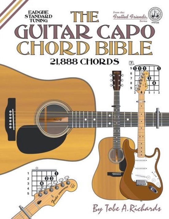 Boekomslag van 'The Guitar Capo Chord Bible' met gitaren, capodastro's en akkoordschema's. Tekst: 'EADGBE STANDARD TUNING', 'THE GUITAR CAPO CHORD BIBLE', '21,888 CHORDS'.