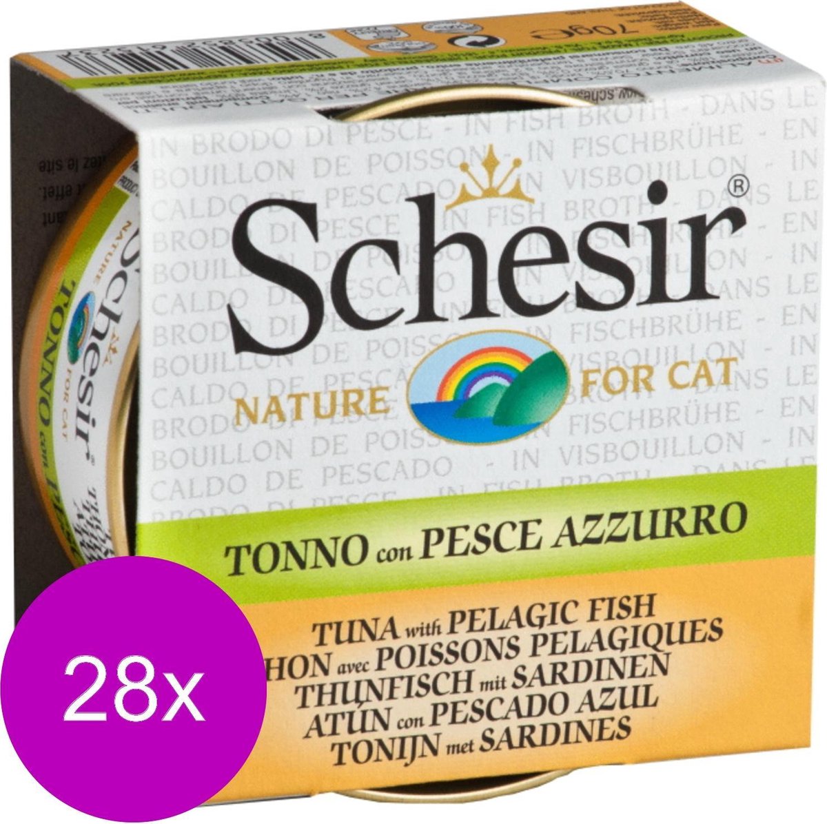 Schesir Kat Bouillon 70 g – Kattenvoer – 28 x Tonijn&Sardines Blik