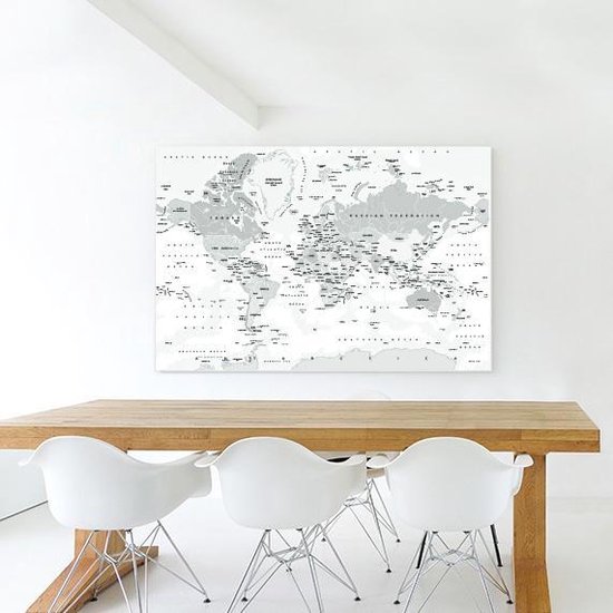 Canvas schilderij 90x60 cm - Wanddecoratie Wereldkaart - Wit - Grijs - Aarde - Muurdecoratie woonkamer - Kamer decoratie accessoires - Schilderijen