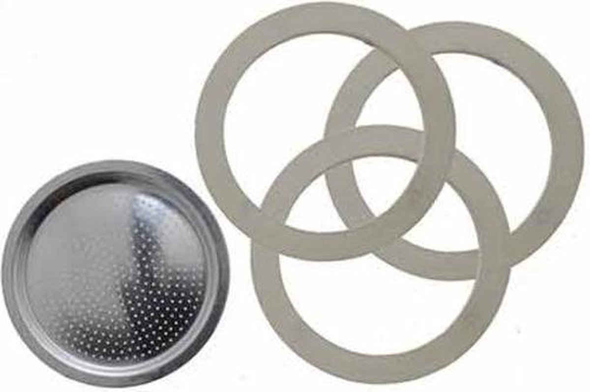 Bialetti Moka Express filterplaatje en drie rubber ringen 3/4 kops
