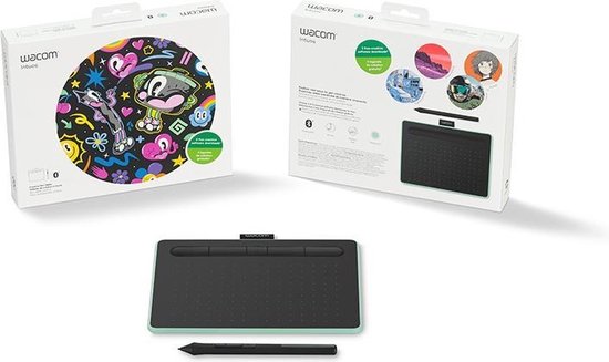 Wacom Intuos tekentablet met pen, inclusief verpakking met kleurrijke tekening. Verkrijgbaar in pistachegroen.