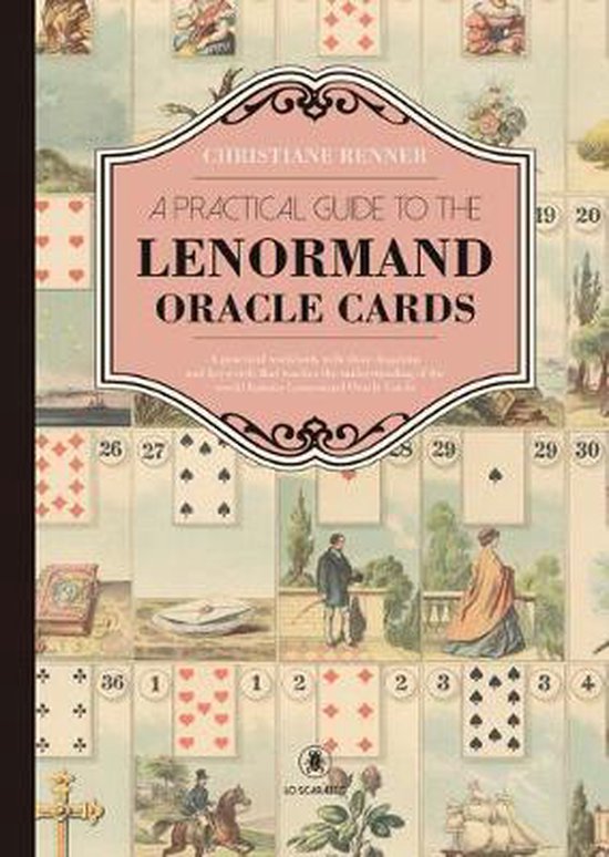 Boek 'A Practical Guide to the Lenormand Oracle Cards' met afbeeldingen van speelkaarten, met de tekst Christiane Renner.