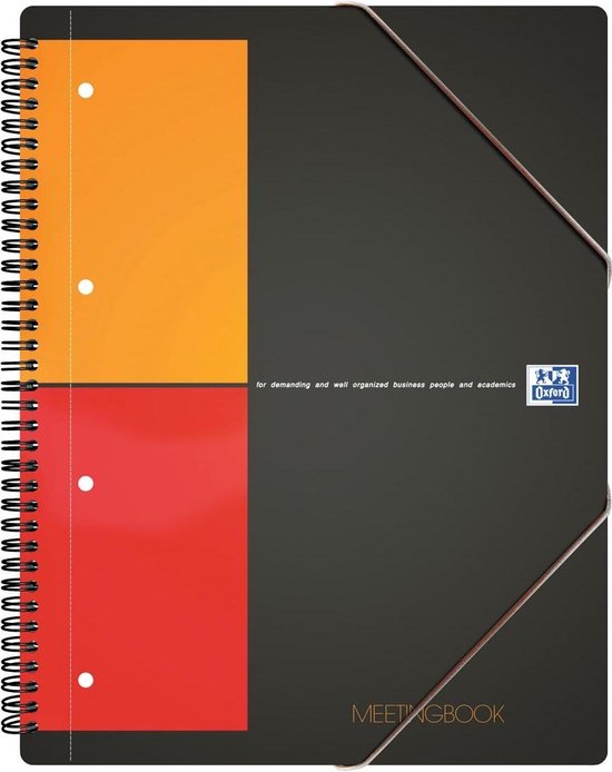 Grijze A5+ notitieboek 'MEETINGBOOK' met oranje en rode verticale vlakken. Elastische sluiting en 3 perforaties.