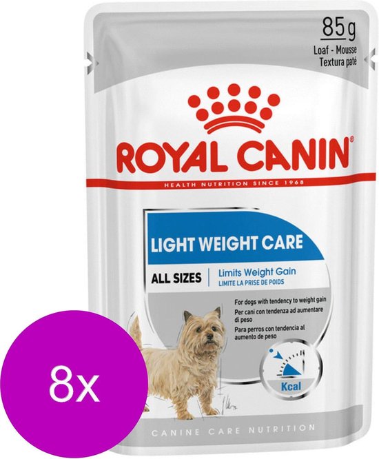Verpakking Royal Canin Light Weight Care. Een hond staat op de verpakking. Een paars icoon toont '8x'.