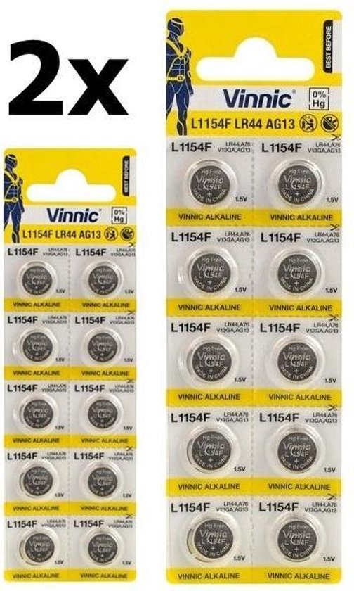20 pièces (2 blister un 10 pièces) Vinnic G13 / AG13 / L1154 / LR44 / 157 /  A76 1.5V
