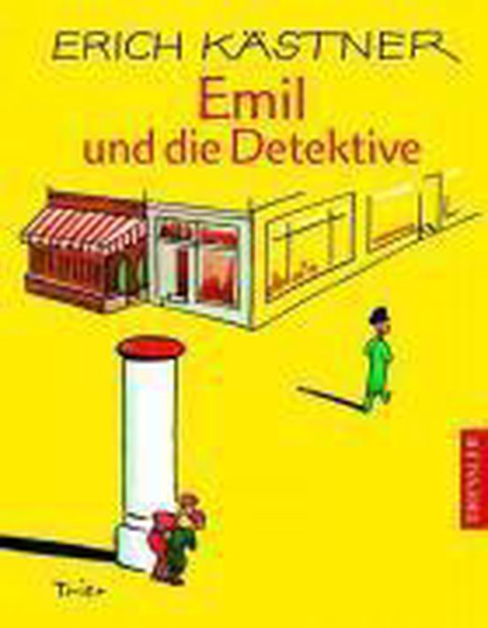Livre "Emil und die Detektive" d'Erich Kästner, fond jaune, façade de magasin et deux personnages de dessin animé.
