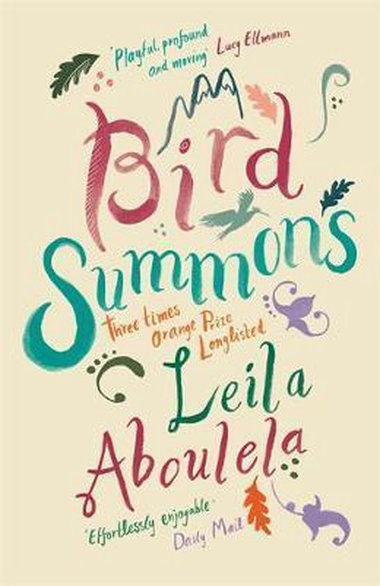Boekomslag van 'Bird Summons' met handgeschreven tekst in rood, groen en blauw, met illustraties van vogels en planten.