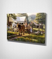 Kids On Carriage At Village - Painting Canvas - 60 x 40 cm - Schilderij - Canvas - Slaapkamer - Wanddecoratie  - Slaapkamer - Foto op canvas