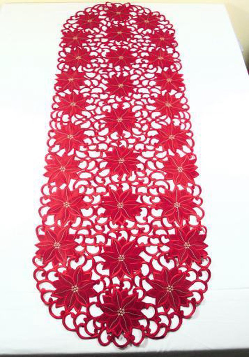 Kerst tafelloper - Rood - opengewerkt - Bloemen - Loper 110 cm - 353R