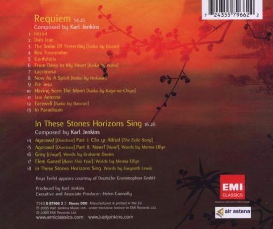 Achterkant van de CD-hoes met tracklijsten en de tekst "Karl Jenkins Requiem".