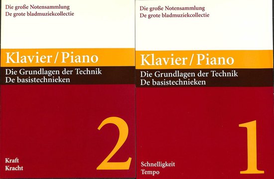 Boek met de titel Klavier/Piano, De grundlagen der Technik, De grote bladmuziekcollectie. Een boek met de cijfers 1 en 2.