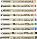Individuele Sakura Pigma Micron 05 fineliners in verschillende kleuren: oranje, bruin, rood, roze, paars, groen, blauw, zwart en grijs.