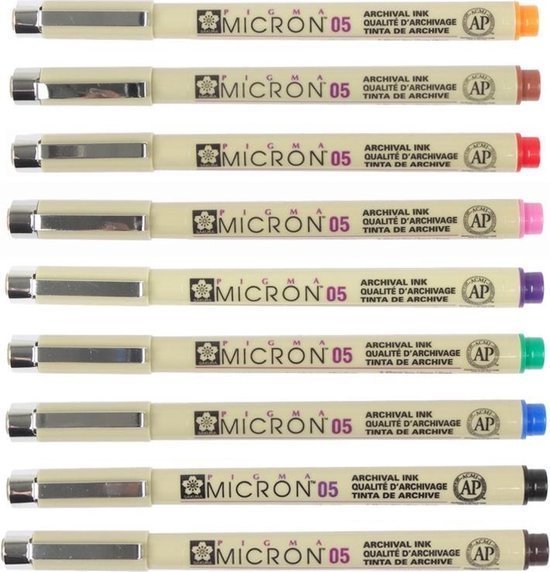 Individuele Sakura Pigma Micron 05 fineliners in verschillende kleuren: oranje, bruin, rood, roze, paars, groen, blauw, zwart en grijs.