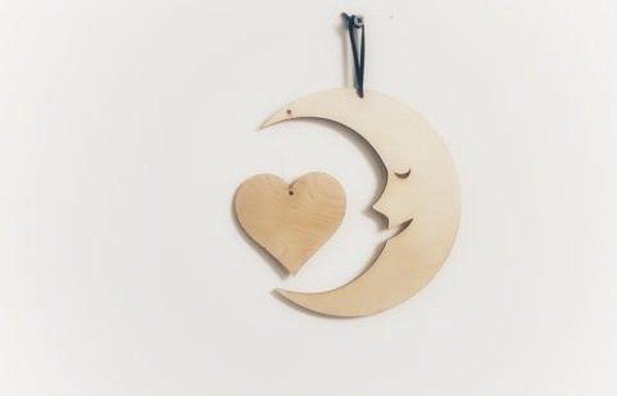 Houten mobile maan met hart- muurdecoratie voor kinderkamer