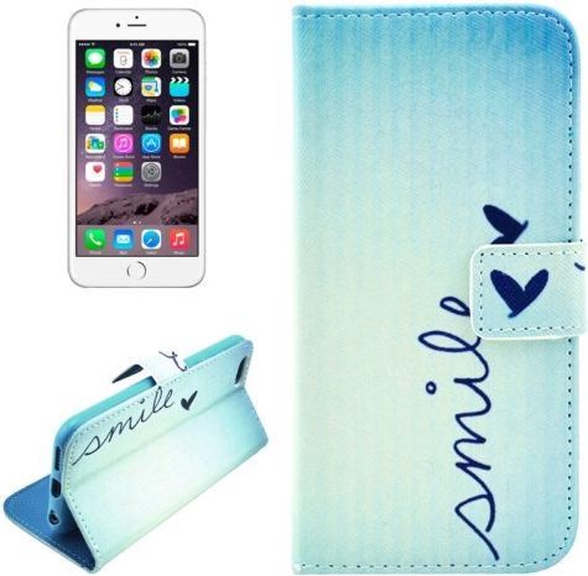geschikt voor iPhone 6 / 6s (4.7 inch) Flip Cover, hoesje, case Smile + Creditcard Vakjes