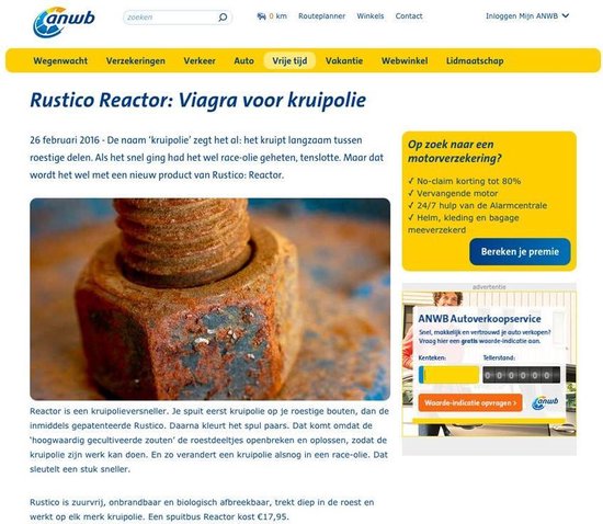 Close-up van een roestige moer en bout. Tekst over Rustico Reactor, "viagra voor kruipolie".