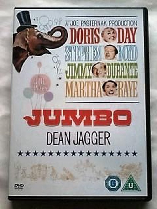 DVD-hoes van de film Jumbo met een olifant met hoed en de namen Doris Day, Stephen Boyd, Jimmy Durante, Martha Raye, Dean Jagger.