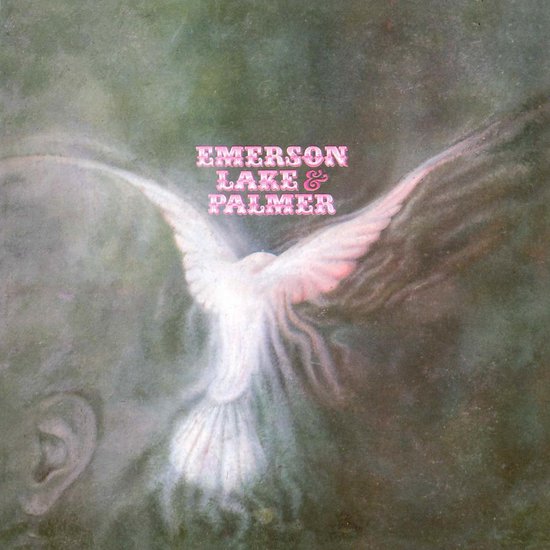Een witte duif met gespreide vleugels, tegen een donkere achtergrond. De tekst "EMERSON LAKE & PALMER" staat in roze letters erboven.