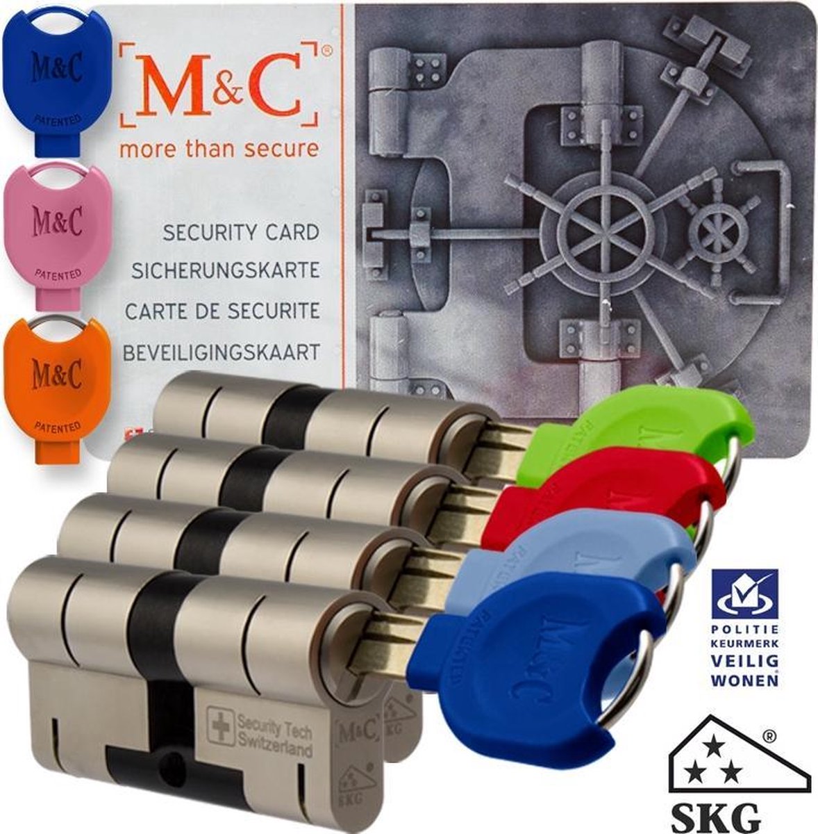 M&C 32/32 set van 4 anti-kerntrek cilinders skg*** gelijksluitend incl. 7 color sleutels. - M&C
