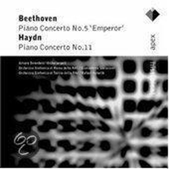 CD-hoes met tekst: Beethoven Piano Concerto No.5 'Emperor', Haydn Piano Concerto No.11. Abstracte grafische vormgeving.