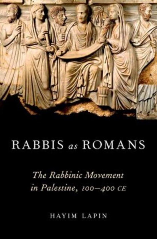 Boekomslag met antiek marmeren reliëf van Romeinse figuren, titel Rabbis as Romans door Hayim Lapin.