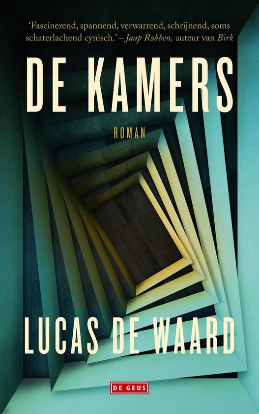Boek 'De Kamers' van Lucas de Waard met een geometrisch, in elkaar lopend ontwerp in groen en geel.