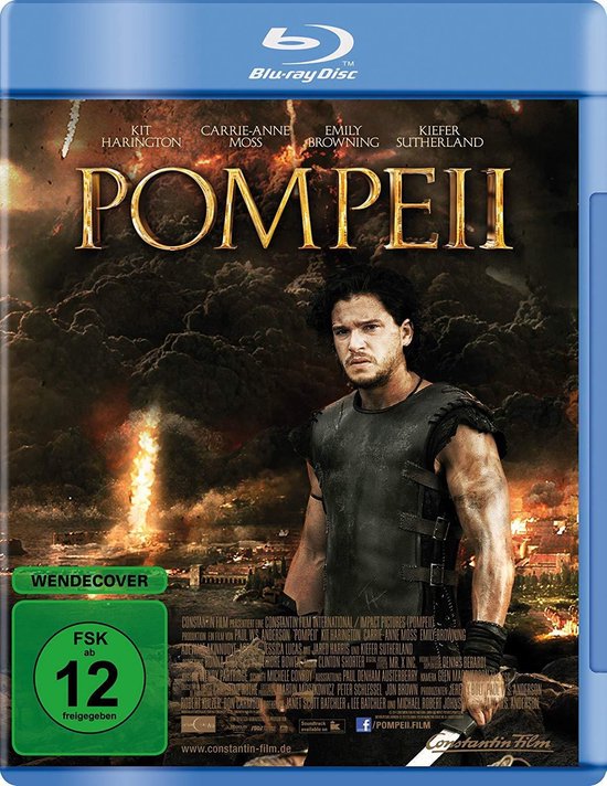 Blu-ray hoes van de film Pompeii met Kit Harington in een grijs leren harnas, met op de achtergrond een stad en een explosie.