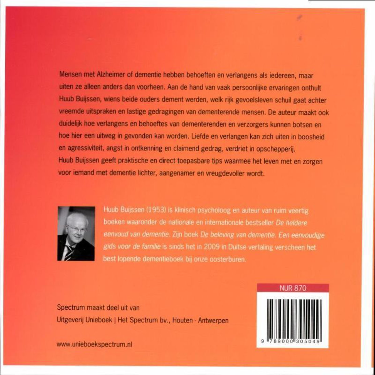 Boek "De magische wereld van Alzheimer" met een portret van auteur Huub Buijssen en tekst over dementie.