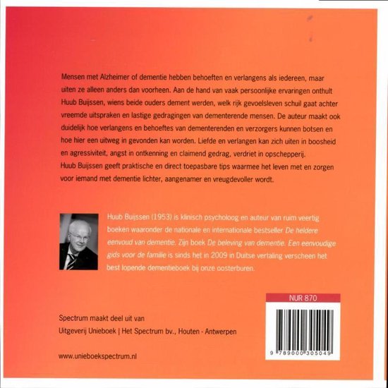 Boek "De magische wereld van Alzheimer" met een portret van auteur Huub Buijssen en tekst over dementie.