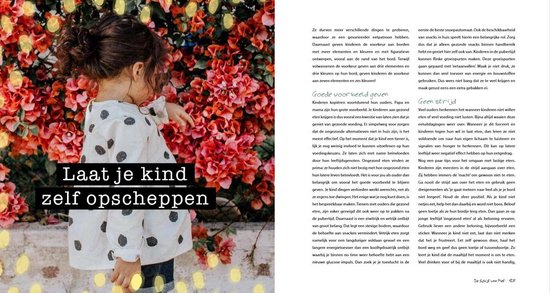 Een jong meisje met een gestippeld jurkje kijkt naar een muur van bloemen, met de tekst 'Laat je kind zelf opscheppen'.