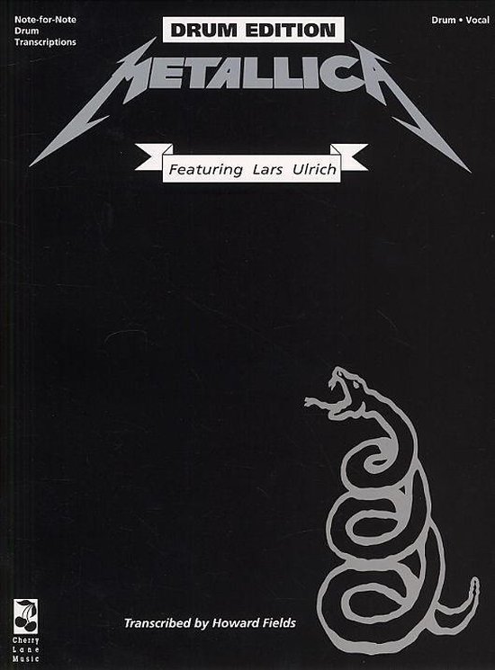 Muziekboek 'Metallica Drum Edition' met slangenlogo en tekst 'Featuring Lars Ulrich'