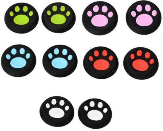 Set van 10 controllerpookjes met pootafdruk dopjes in groen, roze, blauw, rood en wit.