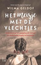 Boek 'Het meisje met de vlechtjes' van Wilma Geldof. Een meisje met vlechten en strikjes, met op de achtergrond een donkere hemel.