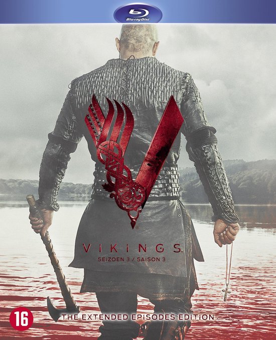 De rug van een Viking met een bijl en het Viking-logo, met een meer op de achtergrond.