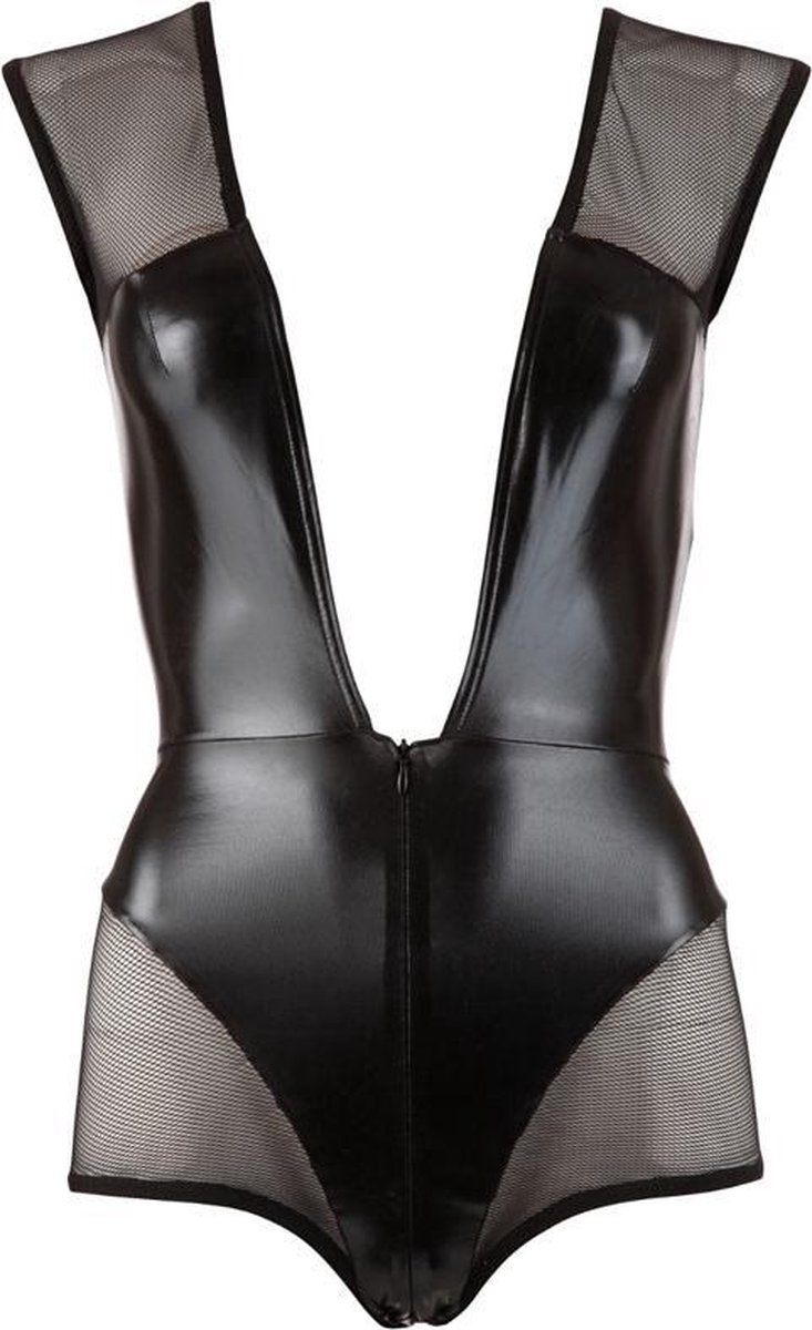 Goedkoopste Cottelli Collection – Body in Combinatie Wetlook en Powernet met Diepe V Hals voor Seductie – Maat M – Zwart
