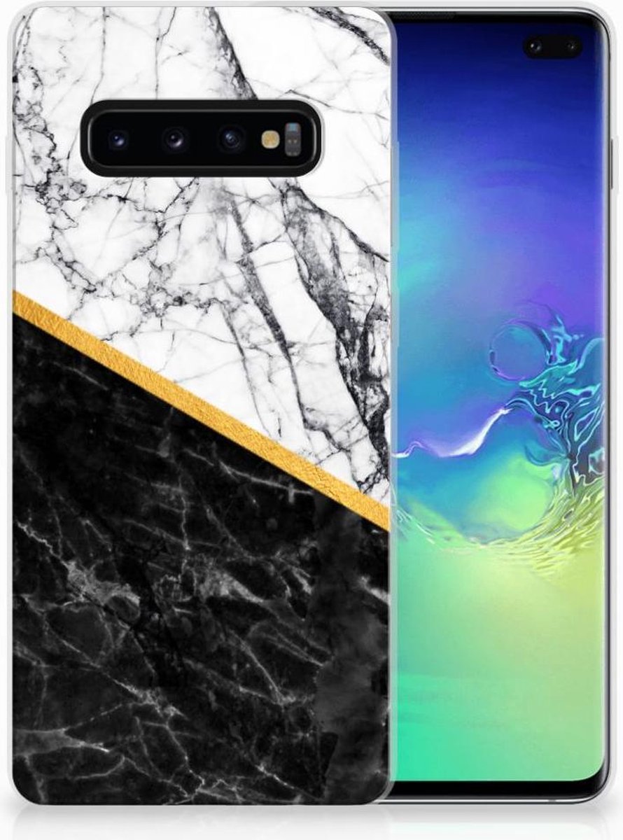 Samsung Galaxy S10 Plus TPU Siliconen Hoesje Marmer Wit Zwart - Origineel Cadeau Man