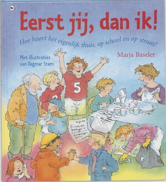 Boekcover met illustratie van een groep kinderen en een oude man die samen activiteitn doen en de titel 'Eerst jij, dan ik!'