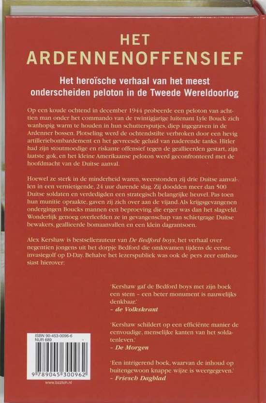 Achterkant boek 'Het Ardennenoffensief', de ondertitel en informatie over de auteur Alex Kershaw.