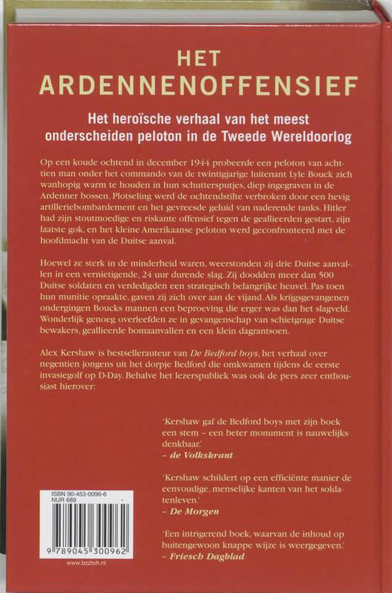 Achterkant boek 'Het Ardennenoffensief', de ondertitel en informatie over de auteur Alex Kershaw.