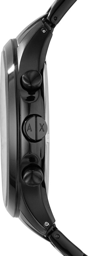 Zij-aanzicht van een zwart Armani Exchange horloge met AX logo.
