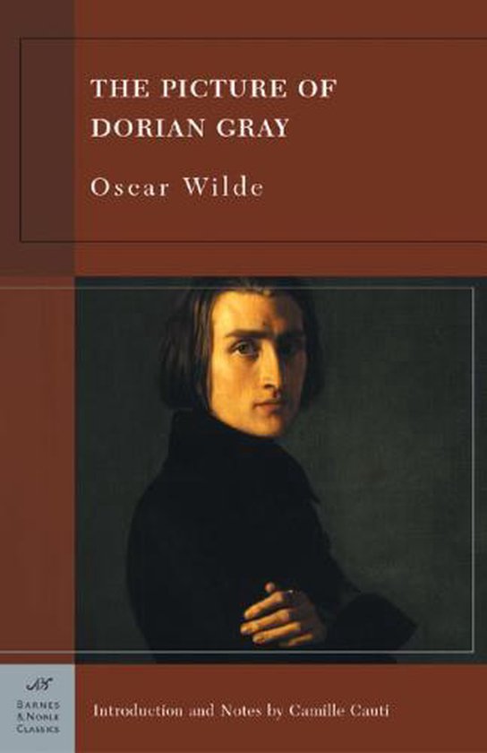 Boekomslag met de titel 'The Picture of Dorian Gray' van Oscar Wilde. Een schilderij van een jonge man met donker haar en een zwarte jas.
