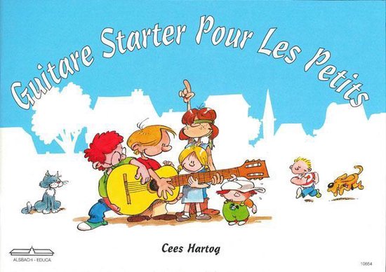 Boek 'Guitare Starter Pour Les Petits' met een tekening van spelende kinderen met een gitaar, een kat en een hond.