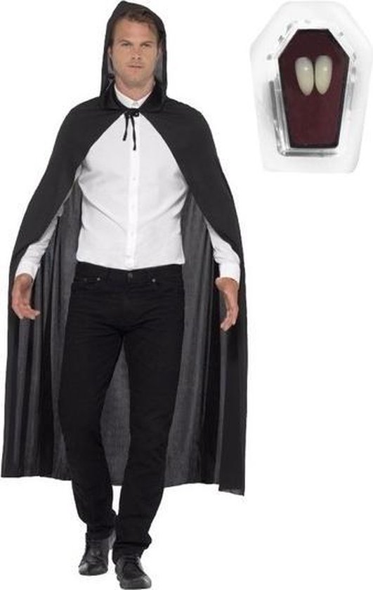 Halloween - Vampier cape zwart inclusief hoektanden voor volwassenen