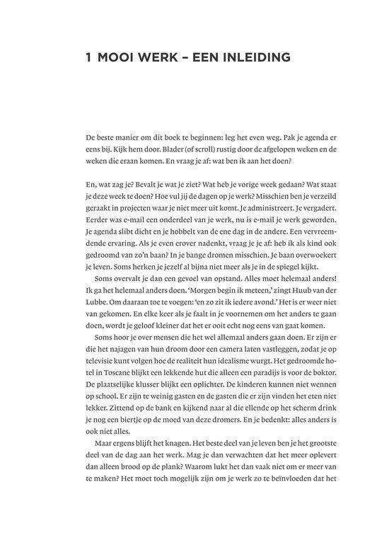 Pagina 16 van het boek 'Mooi Werk' met tekst over werk, agenda en dromen.