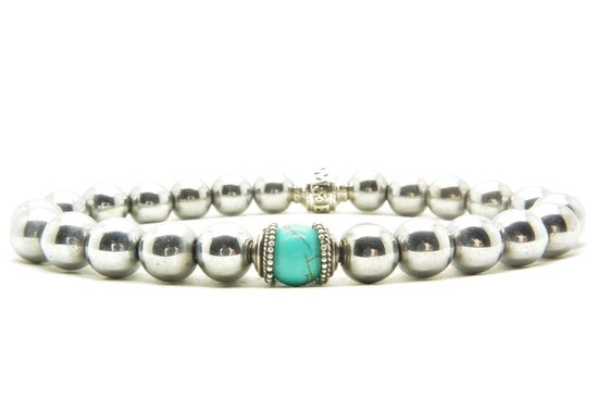 Beaddhism - Armband - Hematiet (RVS Steel colored) - Turquoise 1 - 8 mm - 19 cm