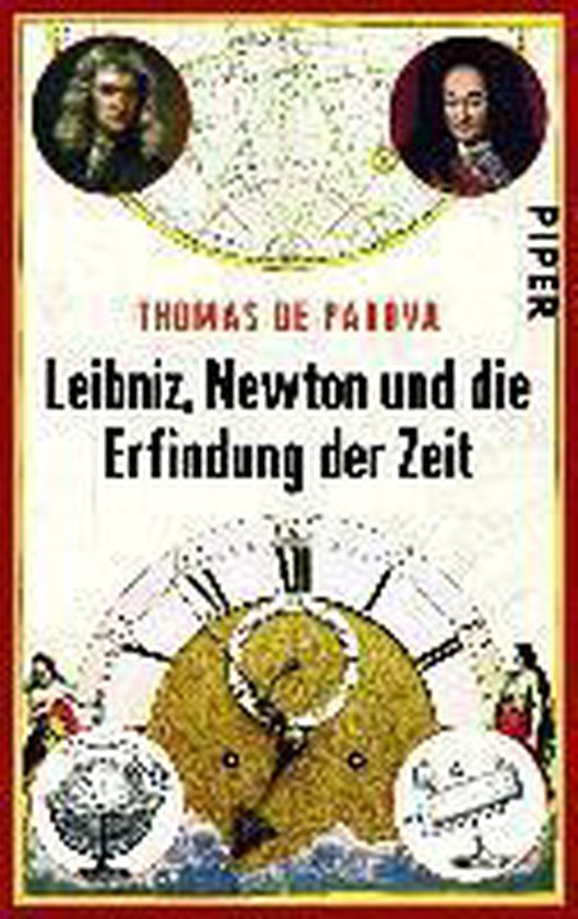 Boek 'Leibniz, Newton und die Erfindung der Zeit' met portretten van Newton en Leibniz, een sterrenkaart en een grote klok.