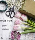 Bloemiste gereedschap: schaar, steekschuim, takjes en tulpen.