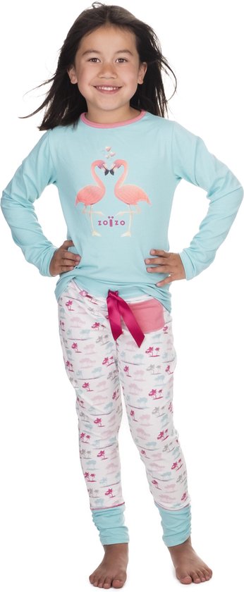 Zoizo meisjes pyjama met lange mouwen in licht aqua met roze flamingo's  voorop 98/104 | bol.com
